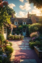 Fototapeta premium UK house and garden featuring a patio and doors. Cottage or courtyard garden adorned with gravel and paving.