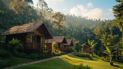 Obraz premium A peaceful mountain resort with wooden cabins surrounded by nature.