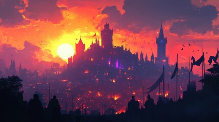 Naklejka premium Fiery Sunset Over a Silhouette Fantasy City