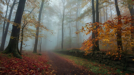 Obraz premium The image portrays a mist filled forest path in autumn. The ground is covered with a thick layer of red and orange fallen leaves. 