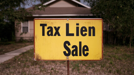 Tax Lien and Property Ownership Concept, Tax lien sale sign in front of house, indicating property auction