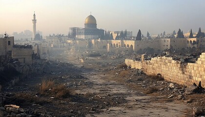 Fototapeta premium Ruins of an ancient city highlighting the remnants of Jerusalem's historical glory against a backdrop of destruction and decay. Captured essence of a destroyed city background.