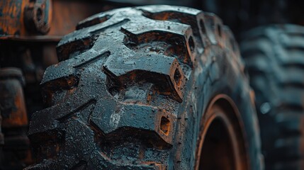 Fototapeta premium Close-up of a heavily used and worn industrial tire with deep treads, showing signs of heavy wear, mud and grease. Focus on tire texture.