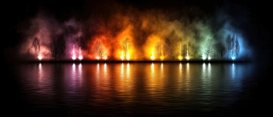 Naklejka premium Colorful Night Landscape with Reflections of Illuminated Trees in Calm Water Setting