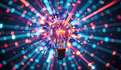 Fototapeta premium A glowing lightbulb at the center of a dynamic burst of colorful light trails, symbolizing ideas, innovation, and creative energy.