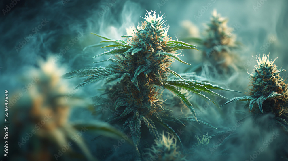 Aufkleber ethereal scene of cannabis in smoke creating a mysterious atmosphere with soft hues and dreamy effec