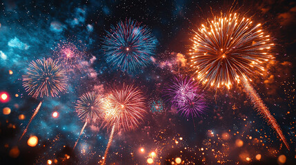 Spectacular fireworks display city skyline night event vibrant atmosphere elevated perspective celebration theme