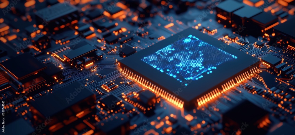 Poster high-tech microchip with glowing circuitry and digital patterns on circuit board