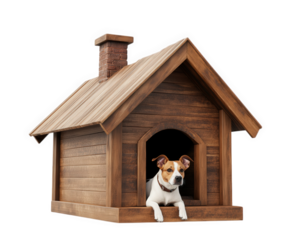 wooden dog house with rooftop terrace, featuring dog relaxing inside. This cozy shelter provides comfortable space for pets to enjoy their surroundings