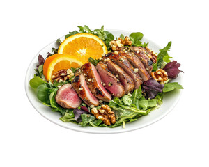 delicious duck breast salad featuring mixed greens, orange slices, and walnuts, perfect for healthy meal. vibrant colors and fresh ingredients create appetizing presentation