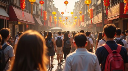 Obraz premium Sunlit City Street, a vibrant crowd walks beneath strings of festive red and yellow lanterns, creating a warm, bustling atmosphere.