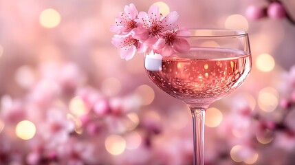 Pink cocktail with cherry blossoms.