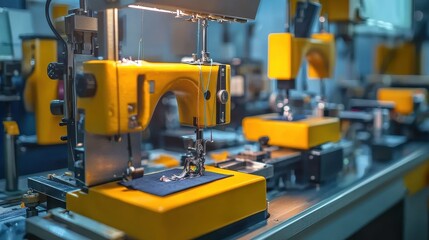 Fototapeta premium A vibrant sewing machine setup featuring bright yellow machines, indicating a workshop focused on textile production and craftsmanship.