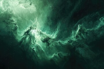 A mesmerizing cosmic nebula, swirling emerald green clouds of gas and dust illuminated by distant stars.