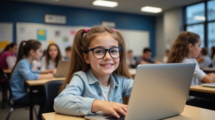 Smiling girl uses laptop in classroom, other students blurred in background. She wears glasses, happy expression. Bright, modern learning environment.