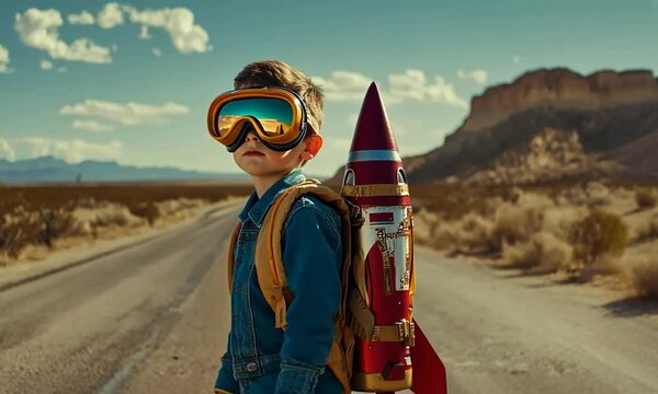 Young boy in goggles with a rocket backpack on a desert road