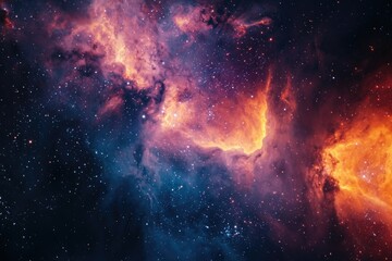 Obraz premium A vibrant nebula glows with fiery orange and cool blue hues, scattered with countless stars in the vast expanse of space.