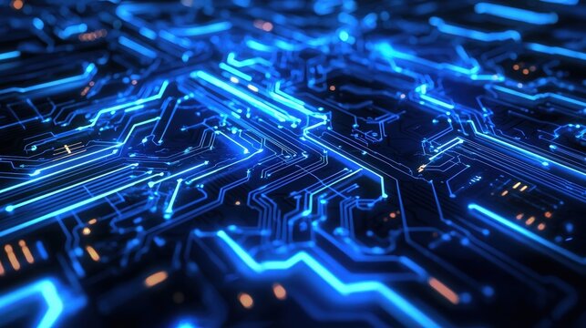 Futuristic illuminated circuit board with complex blue lines and nodes. High-tech design for computing, data flow, and digital connectivity concepts.