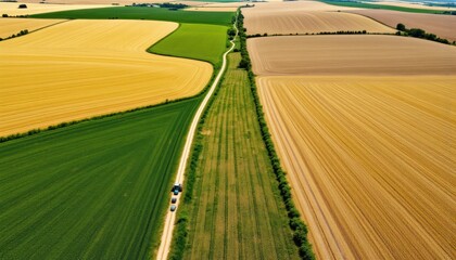 Aerial view of fields divided by a dirt road with a tractor and cars