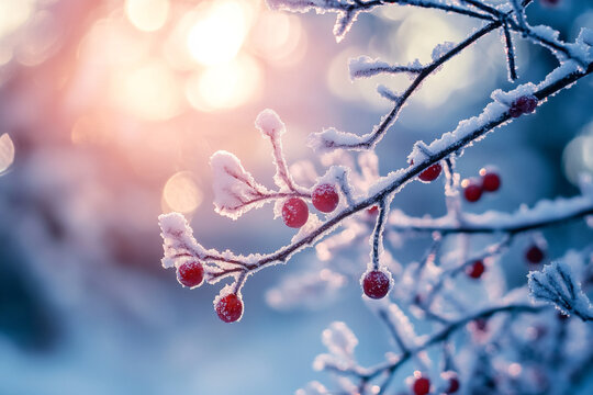 Winter wonderland scene with snow covered branches and red berries ice cold tree blue frost image - Powered by Adobe