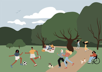 Fototapeta premium Lively park scene with diverse people playing soccer, jogging, relaxing under trees, a wheelchair user plays with a dog. Green landscape with trees, and city skyline. Flat vector illustration.