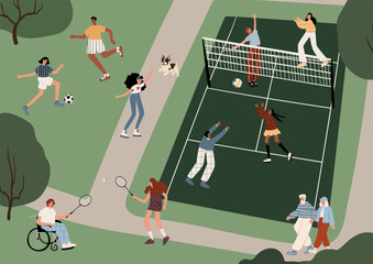 illustration of a sports park with volleyball, soccer, and wheelchair-accessible games. People engaging in fun activities, trees, walking path. Healthy lifestyle concept. Flat vector illustration.
