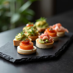 Canap&eacute;s lujosos y limpios servidos en platos de piedra negra.