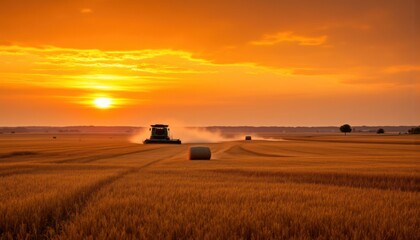 Obraz premium An agricultural machine harvests crops in a field, as the sun sets, creating a dust cloud behind it. Round bales sit in the field