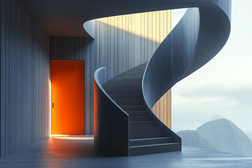 Obraz premium A modern spiral staircase with dark wooden steps, leading to a bright orange door, framed by a sleek wooden wall, with soft natural light.