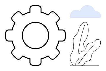 Gear wheel with abstract plant and cloud elements. Ideal for technology, eco-friendliness, integration, balance, innovation, progress, development. Flat simple metaphor