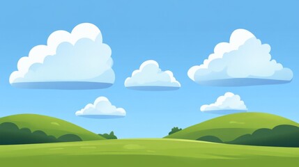 Pixel Art Landscape: Green Hills Under a Blue Sky with Fluffy White Clouds
