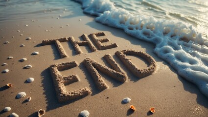 THE END sculpted in sand with a wave washing over it, suitable for presentations or as a concluding scene in a film.