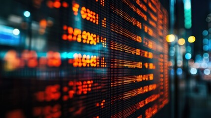 Fototapeta premium Night City Stock Ticker: Financial Data Display at Night