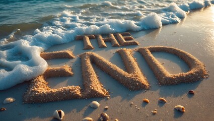 THE END written in the sand being washed away by the waves, suitable for presentations or as a closing scene in a film.