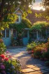 Fototapeta premium UK house and garden featuring a patio and doors. Cottage or courtyard style garden with gravel and paving.
