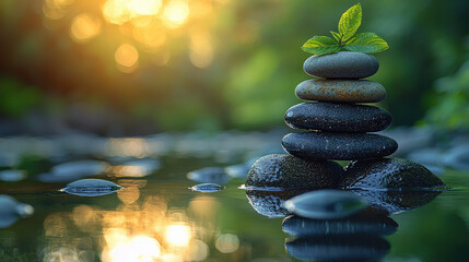 Obraz premium Balancing serenity stacked stones in tranquil stream nature photography peaceful environment close-up view