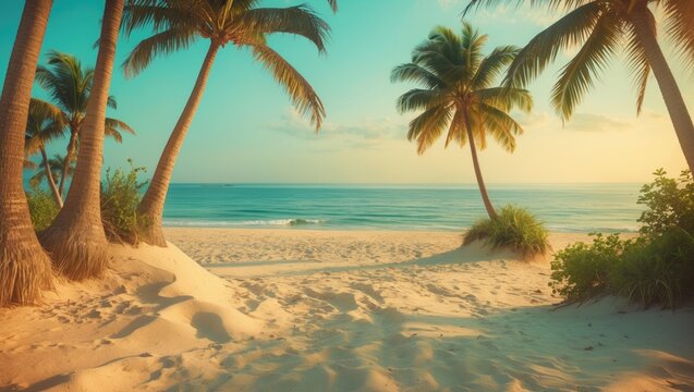 Summer vacation and travel theme on a sandy beach featuring palm trees and a hazy view of the ocean. - Powered by Adobe