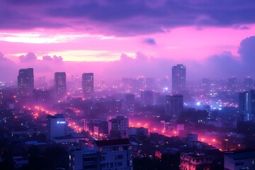 Obraz premium Pink sunset over hazy city skyline.