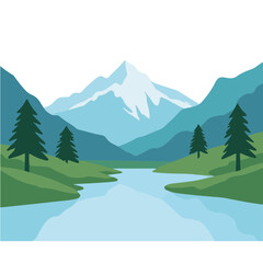 Serene river flowing through geometric mountains, peaceful landscape