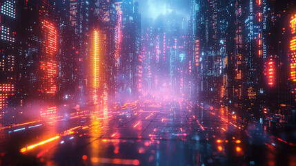 Futuristic neon cityscape digital universe high-tech environment urban exploration immersive experience