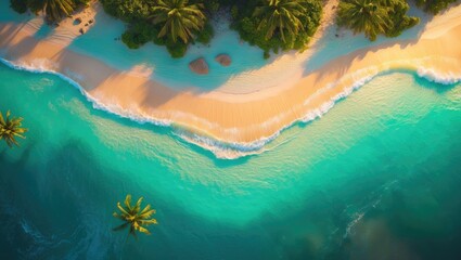 The water is remarkably blue, and the beach is quite natural, viewed from above. The tropical beach as observed from above. Waves gently lap on a secluded sandy beach.