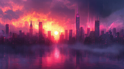 Sunset over a futuristic cityscape urban landscape digital art vibrant colors aerial view innovation
