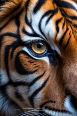 Obraz premium Wildlife photography of a tiger with stripes. Close-up of an open eye with black and orange fur. A dangerous cat in a tropical jungle forest, capturing the essence of a hunter.