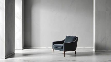 Minimalist interior design featuring a dark gray armchair, large space for copy