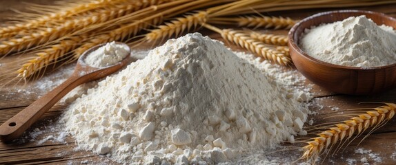 The pile of flour and wheat grains in a wooden spoon and bowl on a wooden surface.