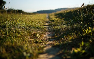Fototapeta premium Dirt Path Through Lush Meadow With Golden Light At Dawn