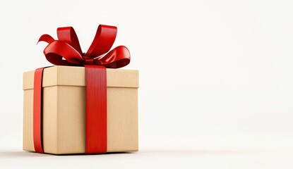 Obraz premium Tan Textured Gift Box with Red Ribbon and Bow on White Background