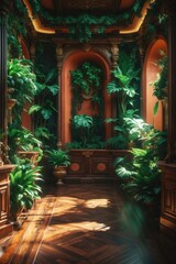 Fototapeta premium Stylish botanical interior space featuring wooden flooring and walls.