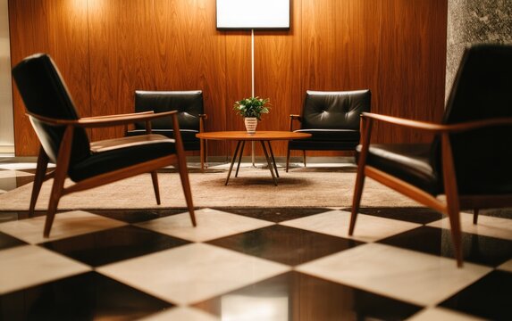 Three Black Leather Mid-Century Modern Armchairs and Small Table in Room with Checkered Floor and Wood Panel Wall