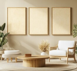 Beige room, three frames, armchair, sunlight, mockup